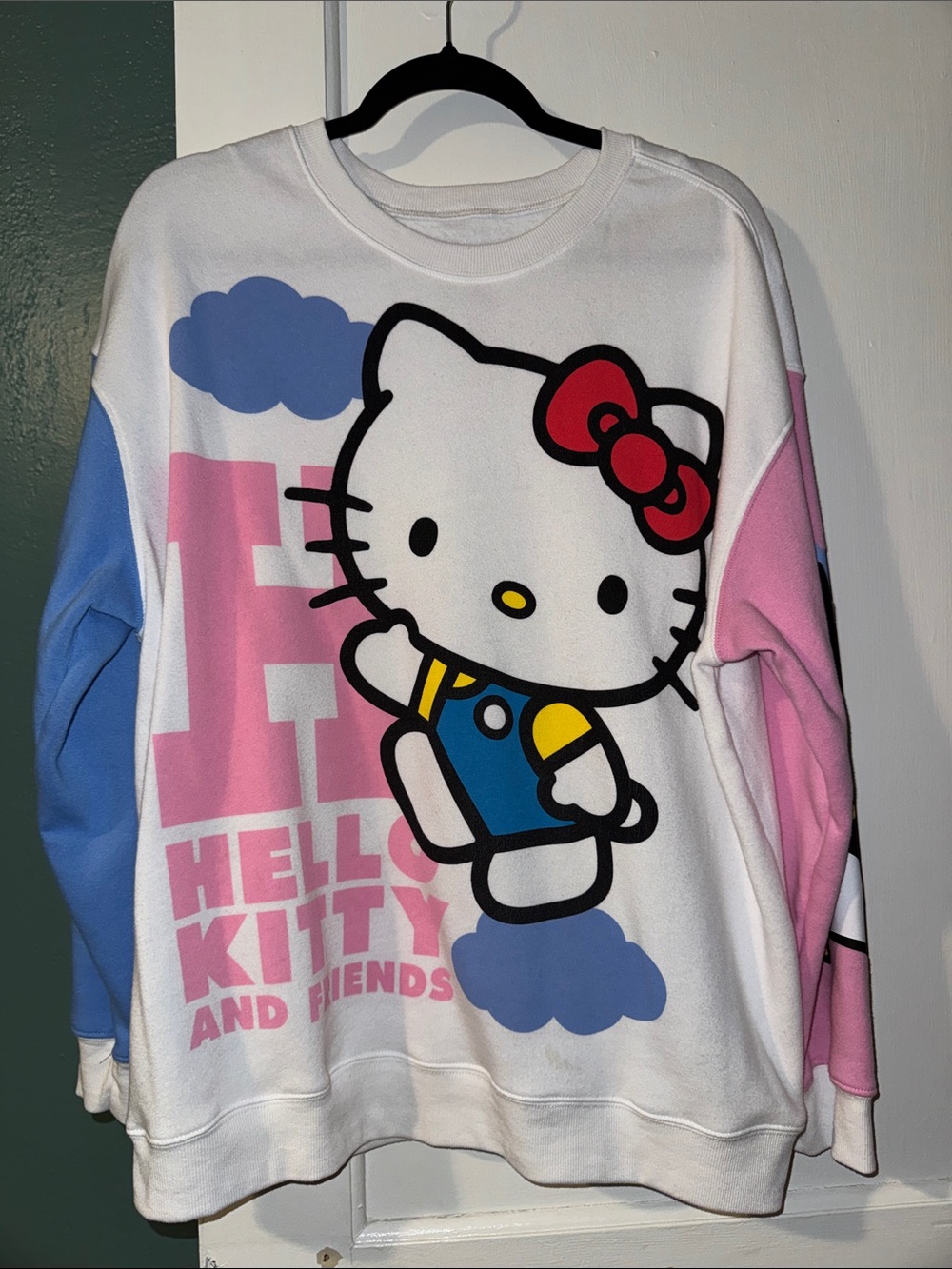 Hello Kitty Colorblock Graphic Crewneck Sweatshirt - White, Pink, Blue, Red - Picture 2 of 7